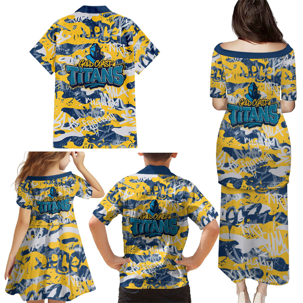 Gold Coast Titans Rugby Family Matching Puletasi and Hawaiian Shirt Graffiti Typography Urban Camo Abstract Street Style