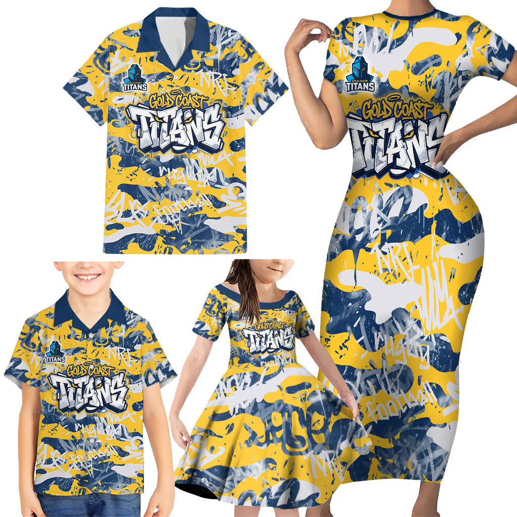 Gold Coast Titans Rugby Family Matching Short Sleeve Bodycon Dress and Hawaiian Shirt Graffiti Typography Urban Camo Abstract Street Style