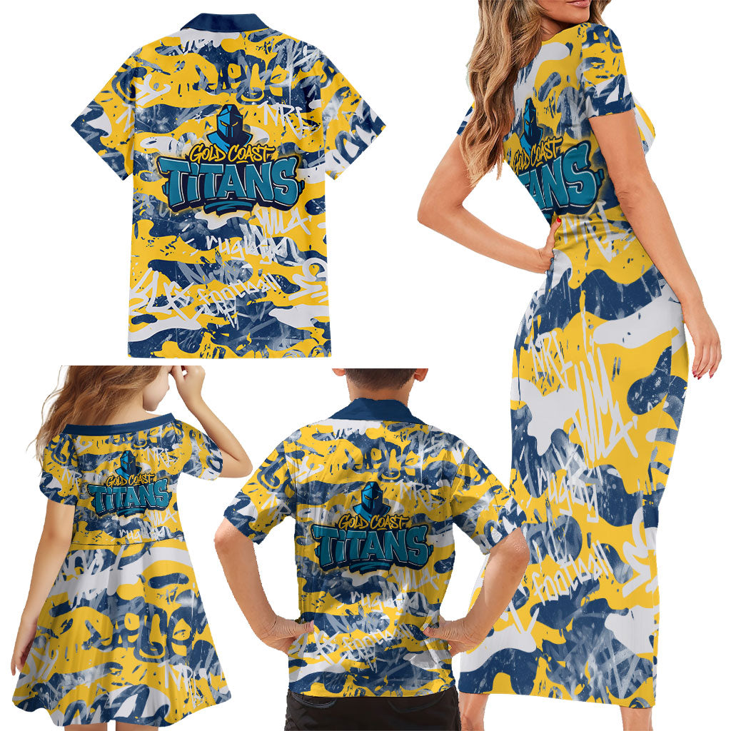Gold Coast Titans Rugby Family Matching Short Sleeve Bodycon Dress and Hawaiian Shirt Graffiti Typography Urban Camo Abstract Street Style