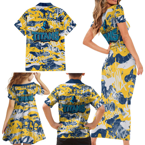 Gold Coast Titans Rugby Family Matching Short Sleeve Bodycon Dress and Hawaiian Shirt Graffiti Typography Urban Camo Abstract Street Style