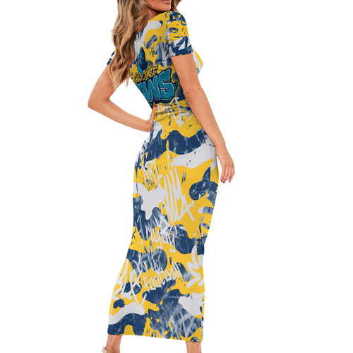 Gold Coast Titans Rugby Family Matching Short Sleeve Bodycon Dress and Hawaiian Shirt Graffiti Typography Urban Camo Abstract Street Style