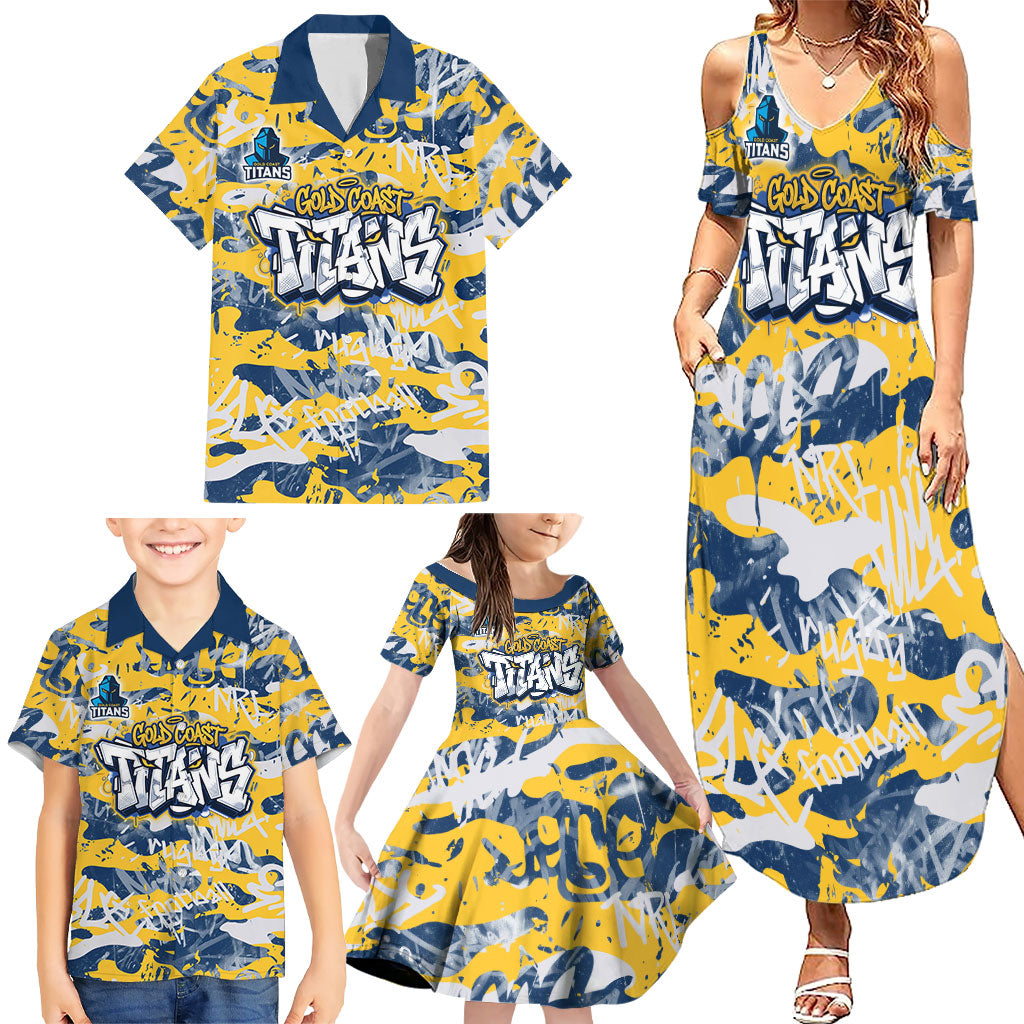 Gold Coast Titans Rugby Family Matching Summer Maxi Dress and Hawaiian Shirt Graffiti Typography Urban Camo Abstract Street Style
