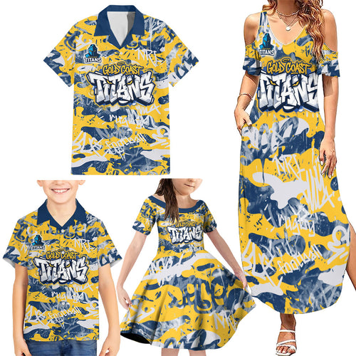 Gold Coast Titans Rugby Family Matching Summer Maxi Dress and Hawaiian Shirt Graffiti Typography Urban Camo Abstract Street Style