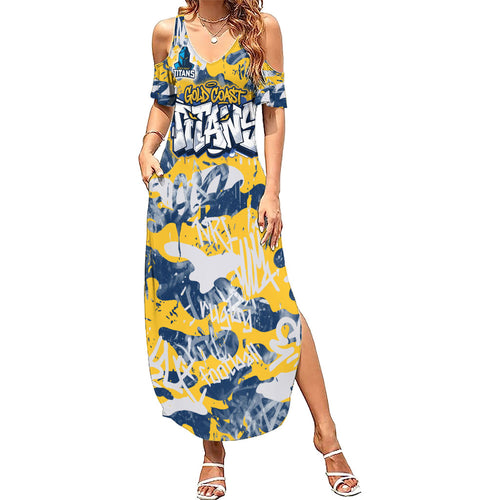 Gold Coast Titans Rugby Family Matching Summer Maxi Dress and Hawaiian Shirt Graffiti Typography Urban Camo Abstract Street Style