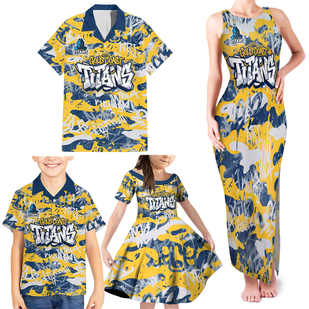 Gold Coast Titans Rugby Family Matching Tank Maxi Dress and Hawaiian Shirt Graffiti Typography Urban Camo Abstract Street Style