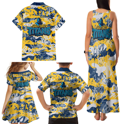 Gold Coast Titans Rugby Family Matching Tank Maxi Dress and Hawaiian Shirt Graffiti Typography Urban Camo Abstract Street Style