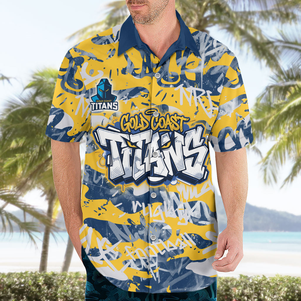Gold Coast Titans Rugby Hawaiian Shirt Graffiti Typography Urban Camo Abstract Street Style