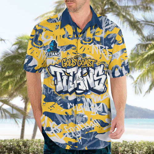 Gold Coast Titans Rugby Hawaiian Shirt Graffiti Typography Urban Camo Abstract Street Style