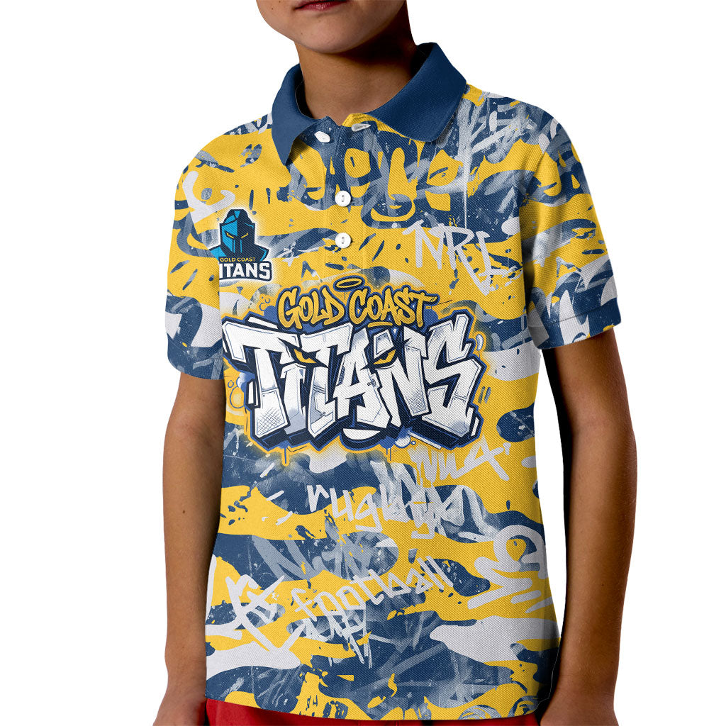 Gold Coast Titans Rugby Kid Polo Shirt Graffiti Typography Urban Camo Abstract Street Style