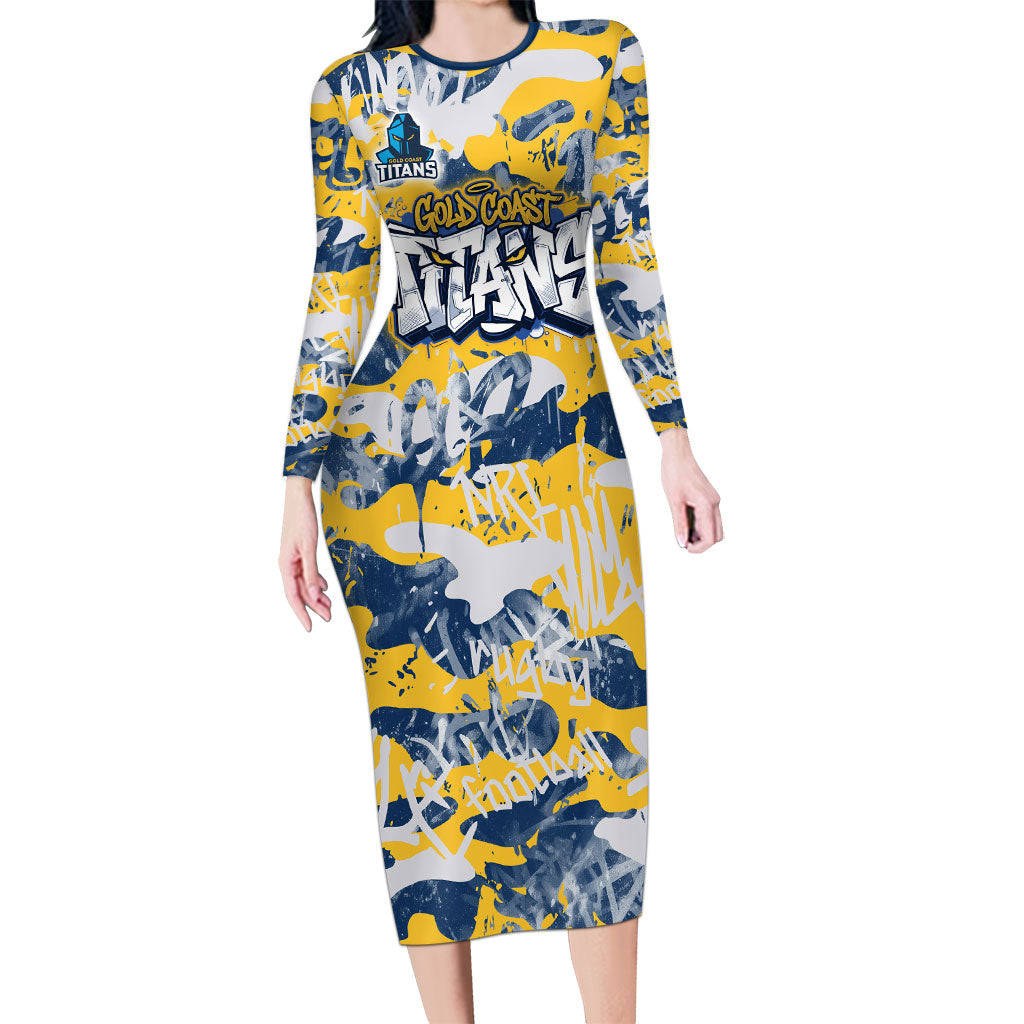 Gold Coast Titans Rugby Long Sleeve Bodycon Dress Graffiti Typography Urban Camo Abstract Street Style