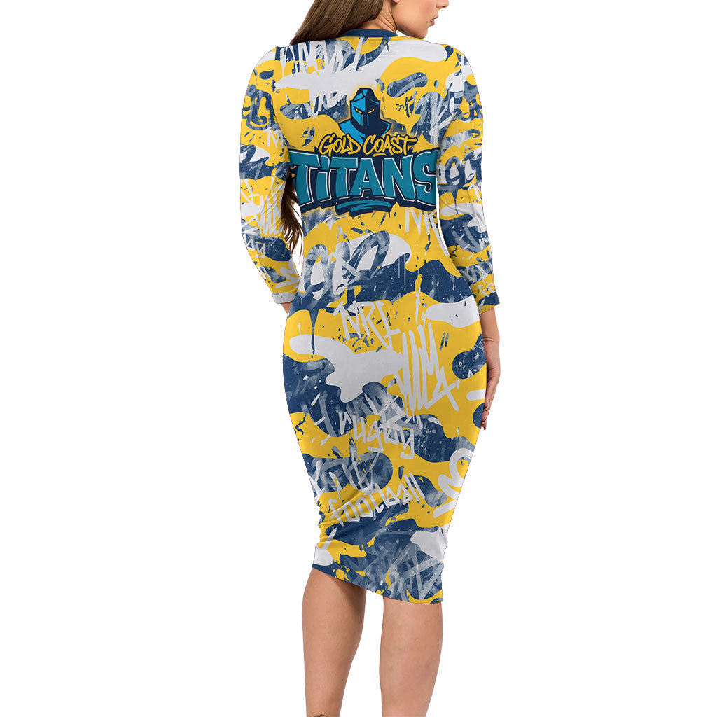 Gold Coast Titans Rugby Long Sleeve Bodycon Dress Graffiti Typography Urban Camo Abstract Street Style