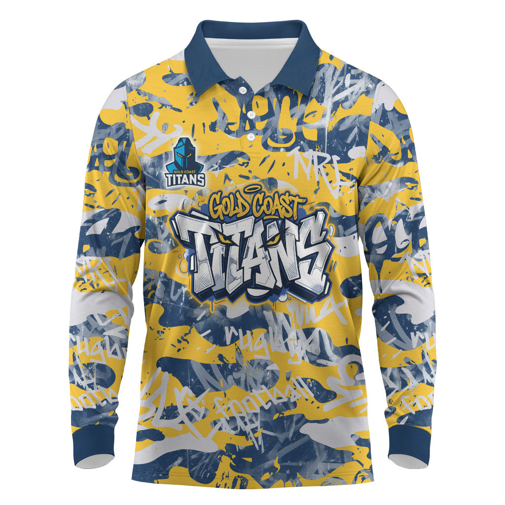 Gold Coast Titans Rugby Long Sleeve Polo Shirt Graffiti Typography Urban Camo Abstract Street Style