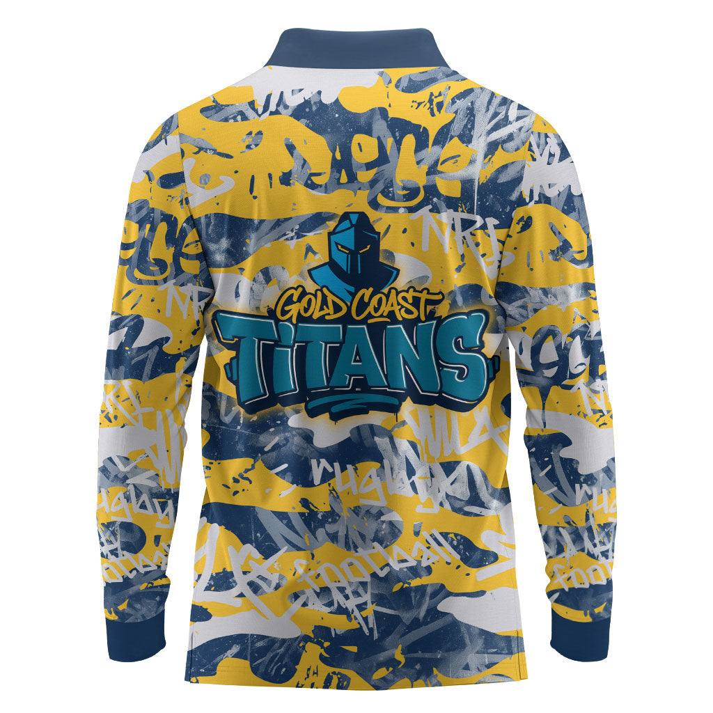 Gold Coast Titans Rugby Long Sleeve Polo Shirt Graffiti Typography Urban Camo Abstract Street Style
