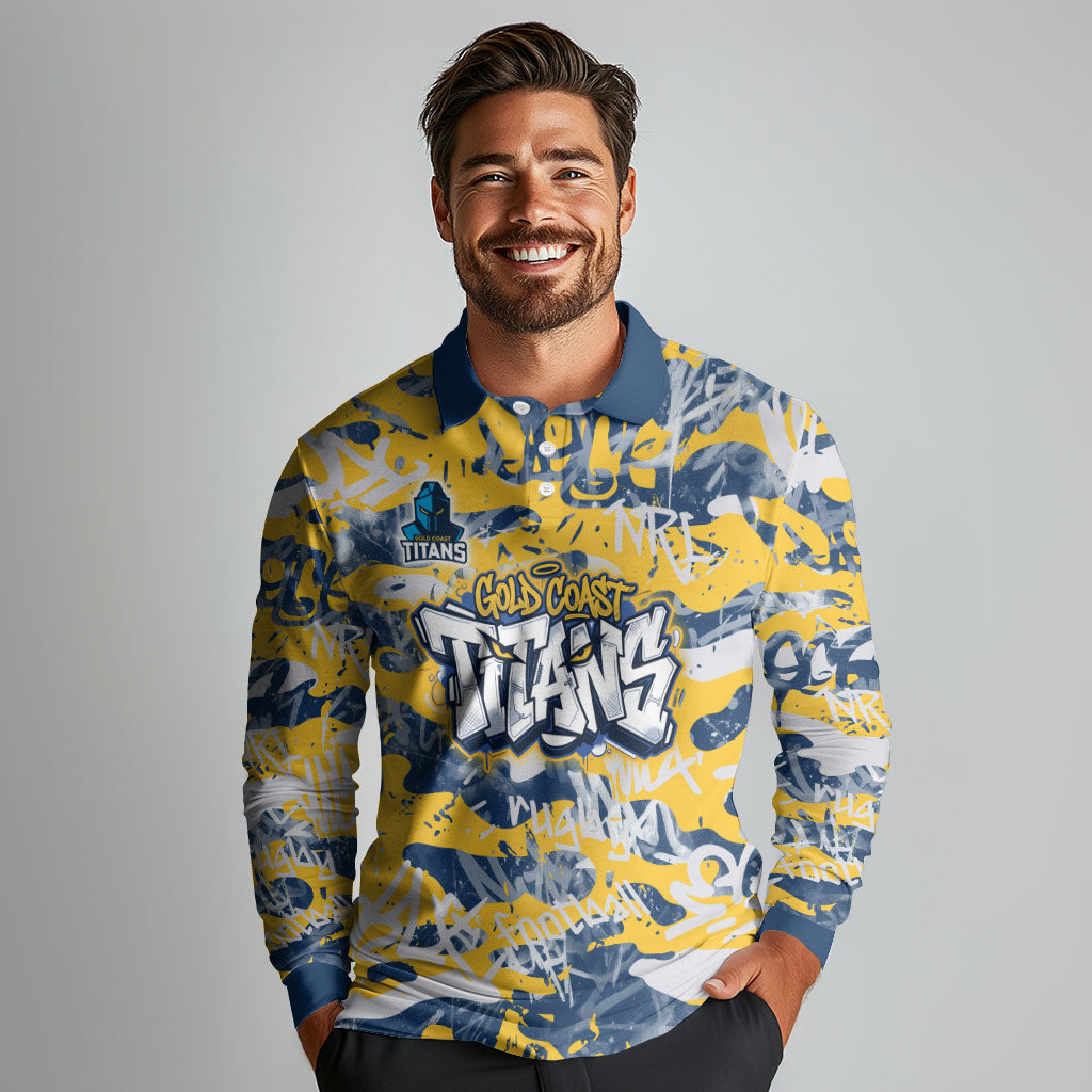 Gold Coast Titans Rugby Long Sleeve Polo Shirt Graffiti Typography Urban Camo Abstract Street Style