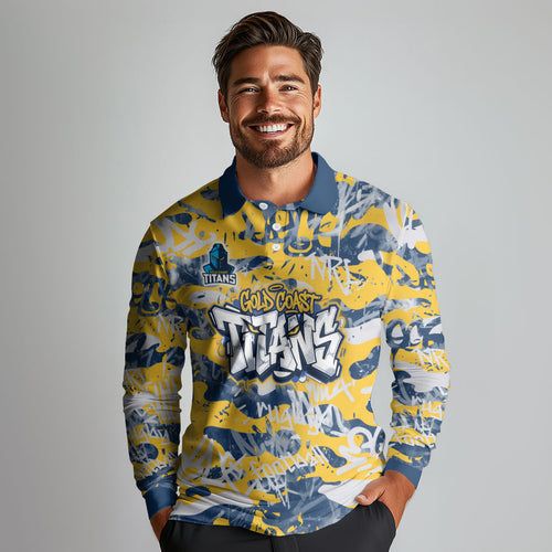 Gold Coast Titans Rugby Long Sleeve Polo Shirt Graffiti Typography Urban Camo Abstract Street Style