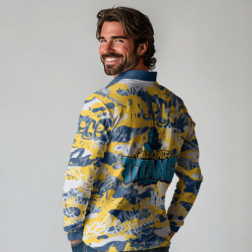 Gold Coast Titans Rugby Long Sleeve Polo Shirt Graffiti Typography Urban Camo Abstract Street Style