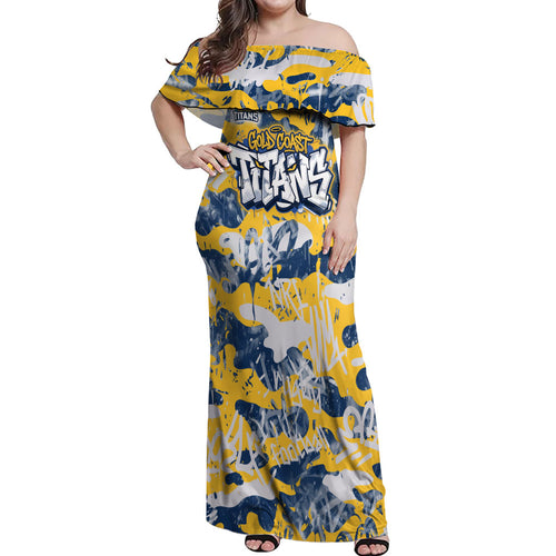 Gold Coast Titans Rugby Off Shoulder Maxi Dress Graffiti Typography Urban Camo Abstract Street Style
