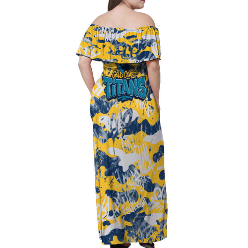 Gold Coast Titans Rugby Off Shoulder Maxi Dress Graffiti Typography Urban Camo Abstract Street Style