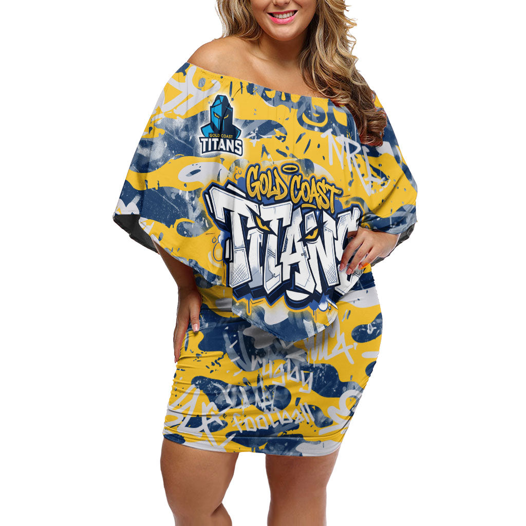 Gold Coast Titans Rugby Off Shoulder Short Dress Graffiti Typography Urban Camo Abstract Street Style