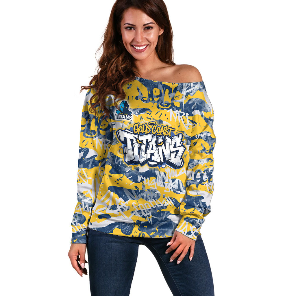 Gold Coast Titans Rugby Off Shoulder Sweater Graffiti Typography Urban Camo Abstract Street Style