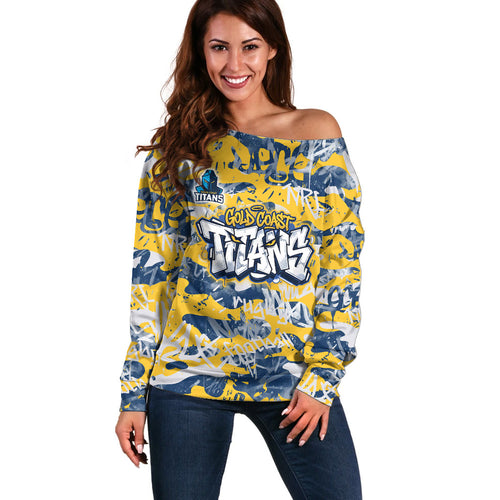 Gold Coast Titans Rugby Off Shoulder Sweater Graffiti Typography Urban Camo Abstract Street Style