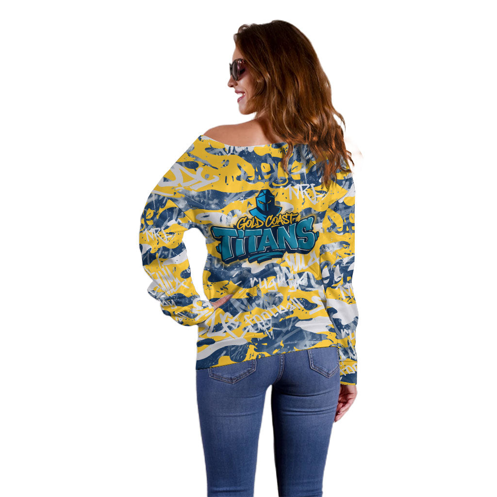 Gold Coast Titans Rugby Off Shoulder Sweater Graffiti Typography Urban Camo Abstract Street Style