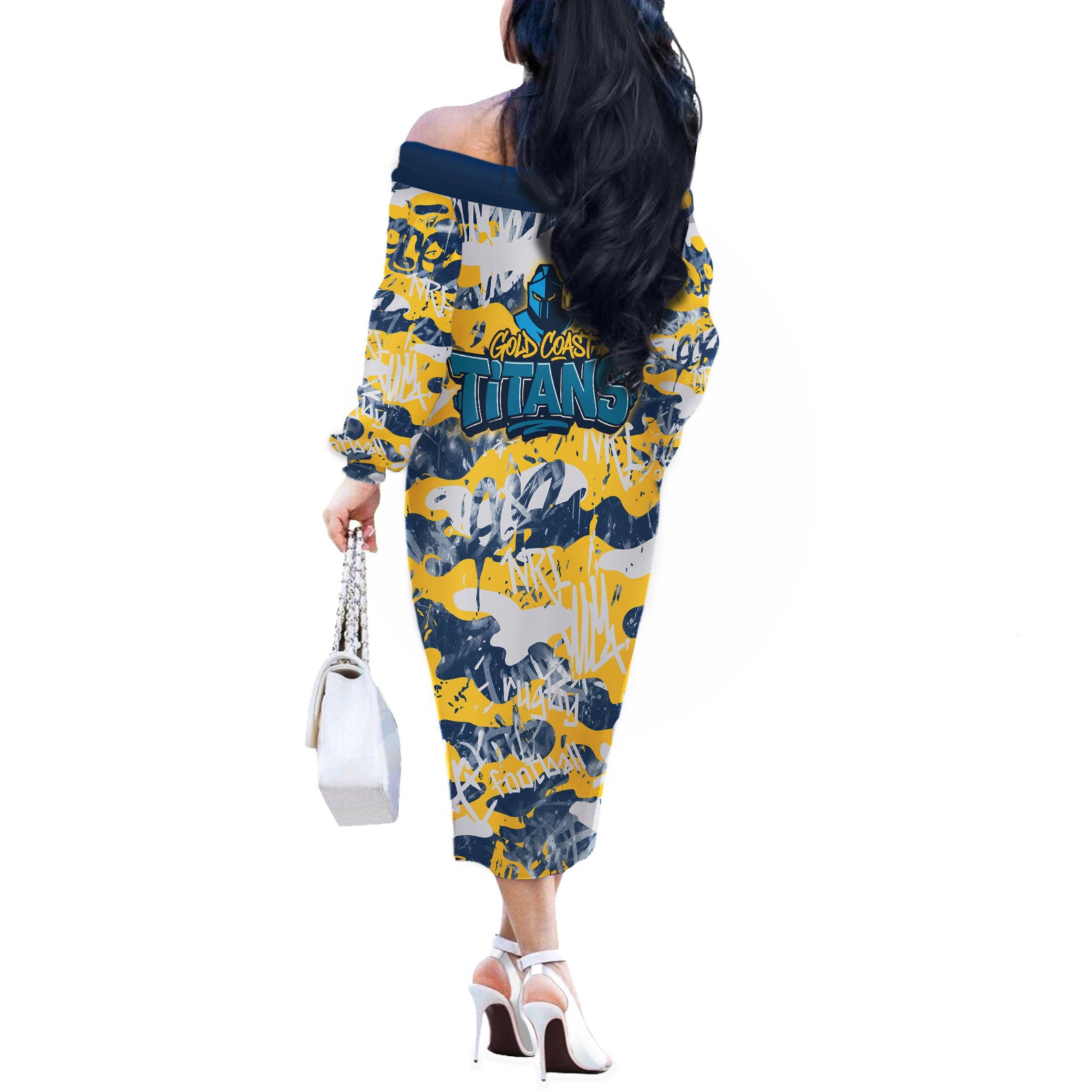 Gold Coast Titans Rugby Off The Shoulder Long Sleeve Dress Graffiti Typography Urban Camo Abstract Street Style