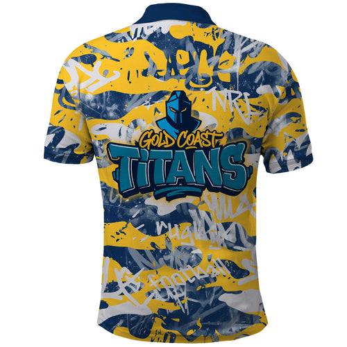 Gold Coast Titans Rugby Polo Shirt Graffiti Typography Urban Camo Abstract Street Style