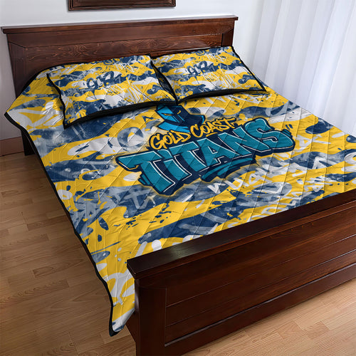 Gold Coast Titans Rugby Quilt Bed Set Graffiti Typography Urban Camo Abstract Street Style