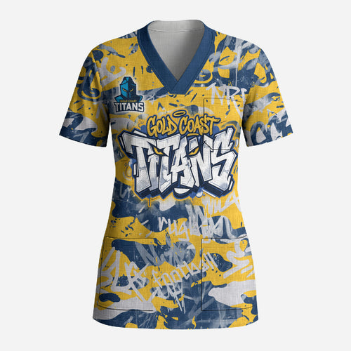 Gold Coast Titans Rugby Scrub Top Graffiti Typography Urban Camo Abstract Street Style