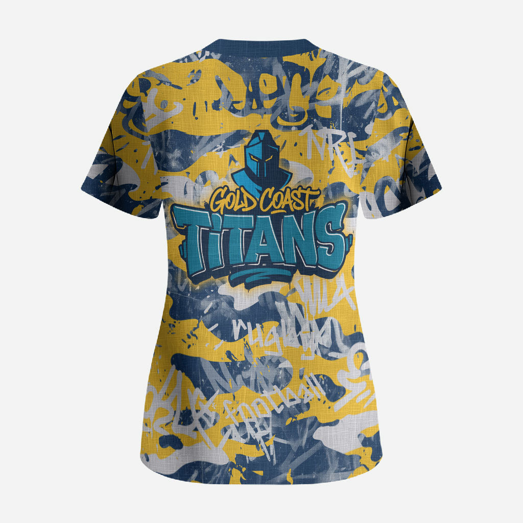 Gold Coast Titans Rugby Scrub Top Graffiti Typography Urban Camo Abstract Street Style