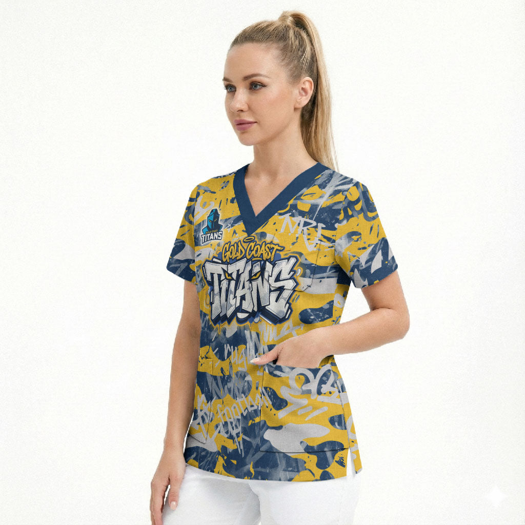 Gold Coast Titans Rugby Scrub Top Graffiti Typography Urban Camo Abstract Street Style