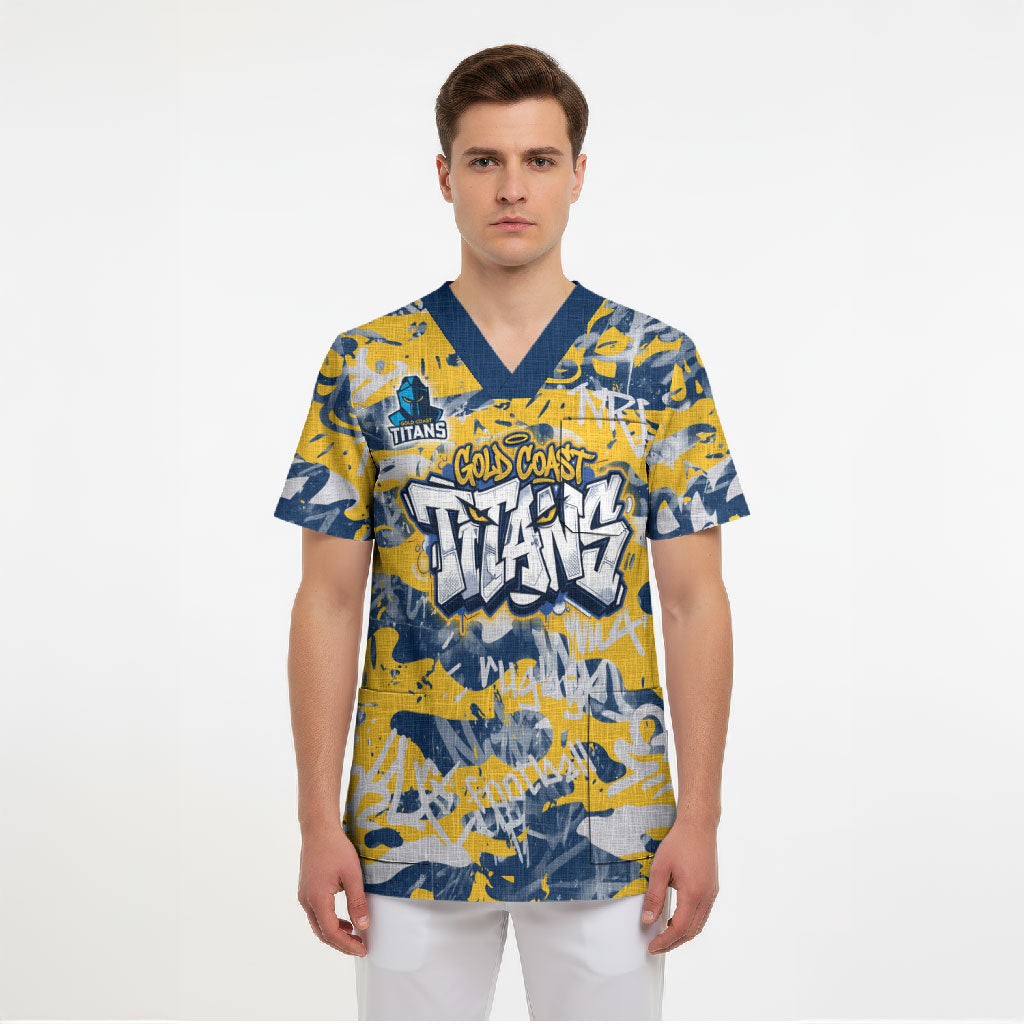 Gold Coast Titans Rugby Scrub Top Graffiti Typography Urban Camo Abstract Street Style