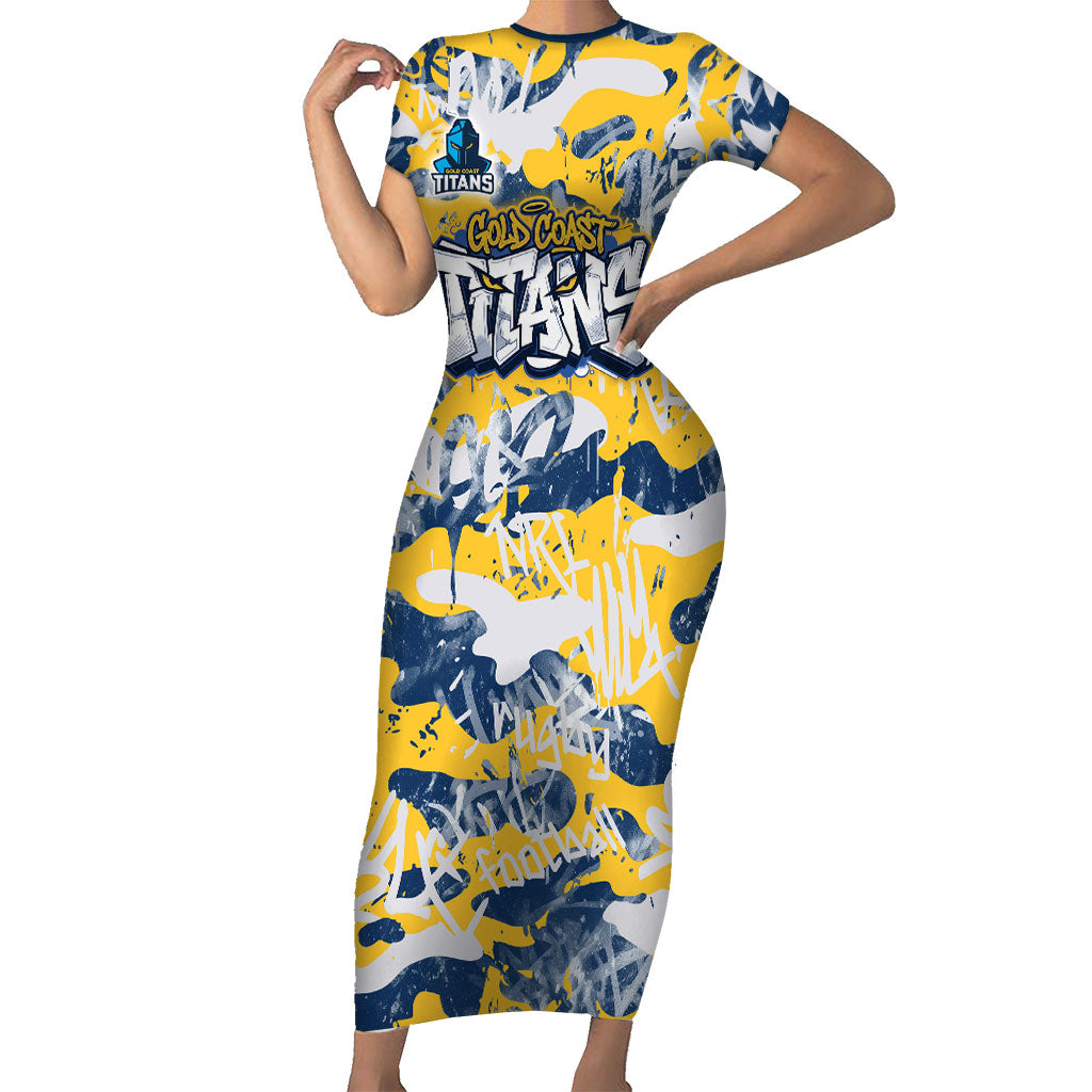 Gold Coast Titans Rugby Short Sleeve Bodycon Dress Graffiti Typography Urban Camo Abstract Street Style