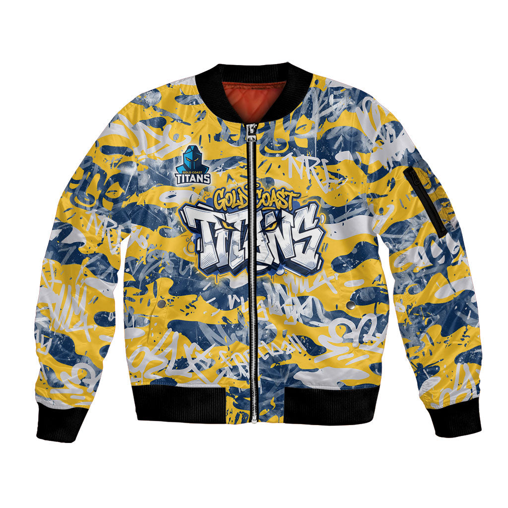 Gold Coast Titans Rugby Sleeve Zip Bomber Jacket Graffiti Typography Urban Camo Abstract Street Style