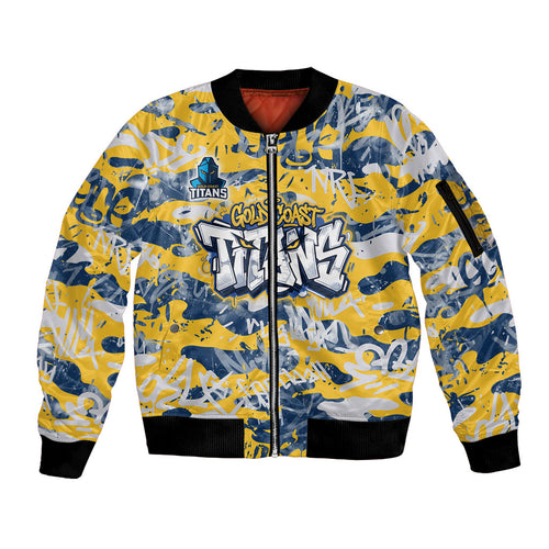 Gold Coast Titans Rugby Sleeve Zip Bomber Jacket Graffiti Typography Urban Camo Abstract Street Style