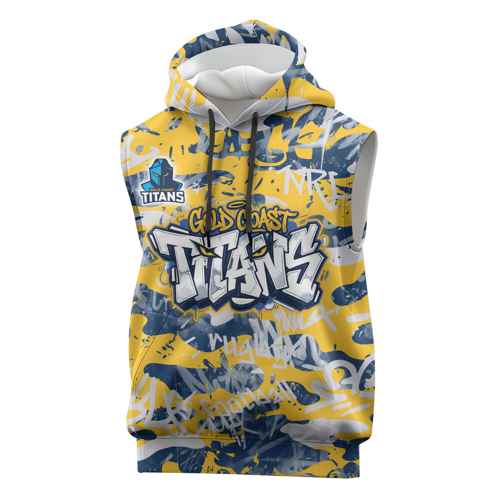 Gold Coast Titans Rugby Sleeveless Hoodie Graffiti Typography Urban Camo Abstract Street Style
