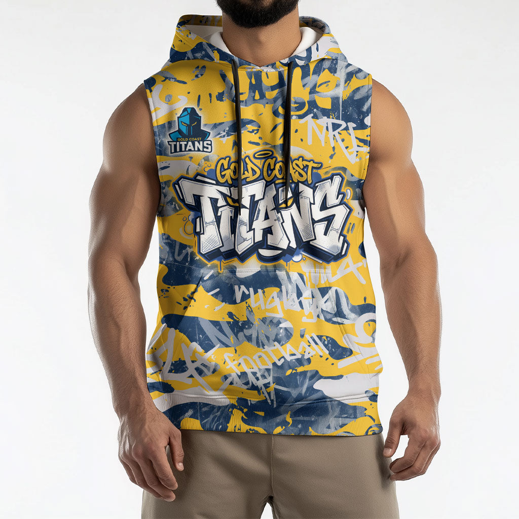 Gold Coast Titans Rugby Sleeveless Hoodie Graffiti Typography Urban Camo Abstract Street Style