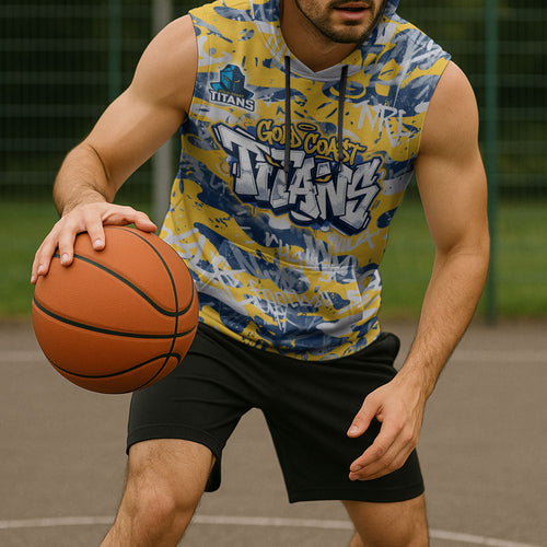 Gold Coast Titans Rugby Sleeveless Hoodie Graffiti Typography Urban Camo Abstract Street Style