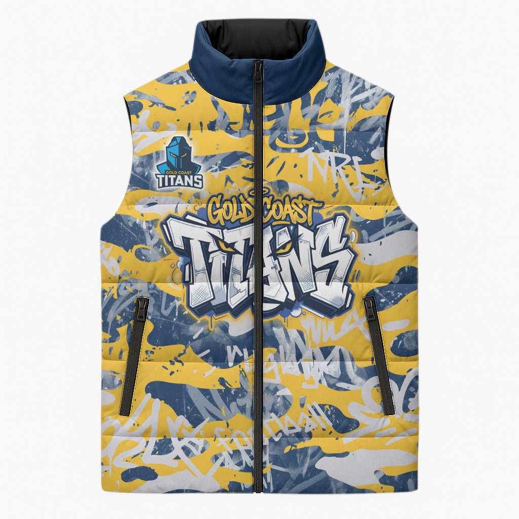 Gold Coast Titans Rugby Sleeveless Puffer Jacket Graffiti Typography Urban Camo Abstract Street Style