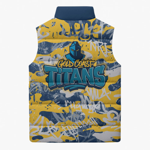 Gold Coast Titans Rugby Sleeveless Puffer Jacket Graffiti Typography Urban Camo Abstract Street Style