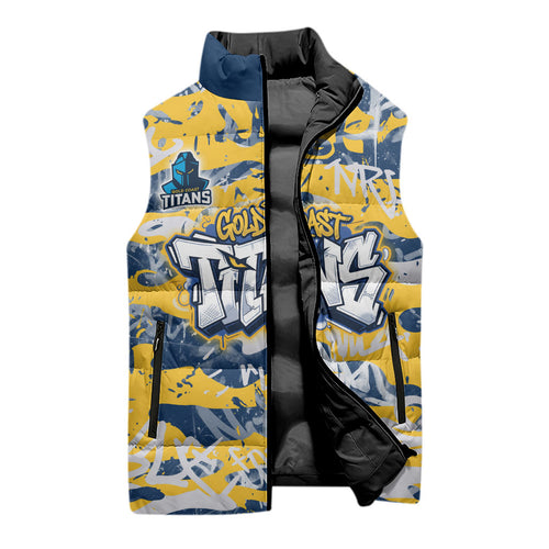 Gold Coast Titans Rugby Sleeveless Puffer Jacket Graffiti Typography Urban Camo Abstract Street Style