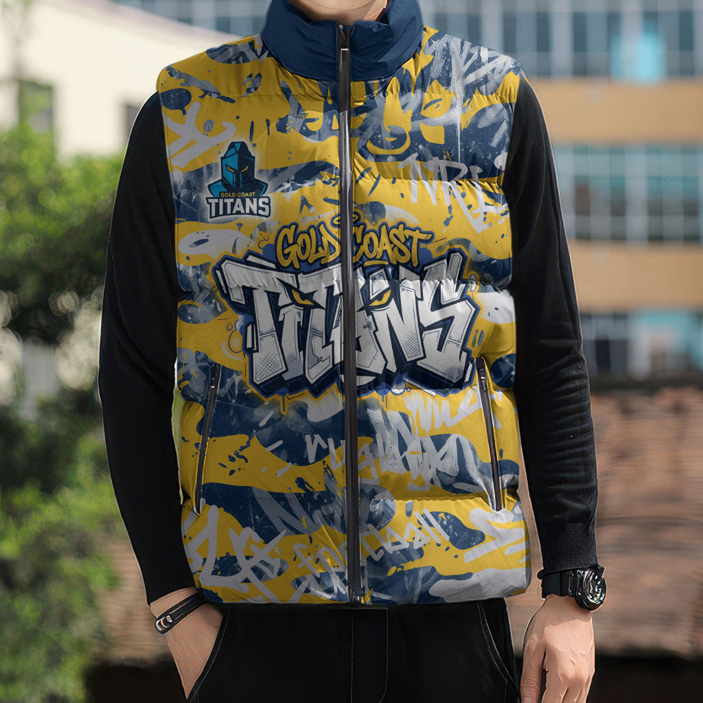 Gold Coast Titans Rugby Sleeveless Puffer Jacket Graffiti Typography Urban Camo Abstract Street Style