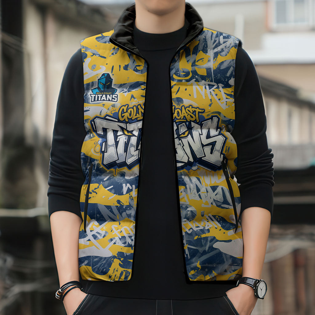 Gold Coast Titans Rugby Sleeveless Puffer Jacket Graffiti Typography Urban Camo Abstract Street Style