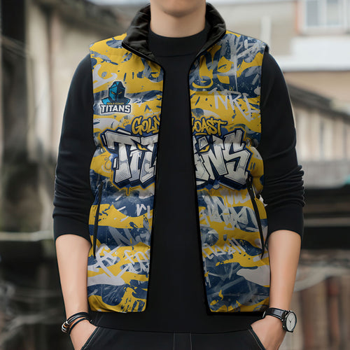Gold Coast Titans Rugby Sleeveless Puffer Jacket Graffiti Typography Urban Camo Abstract Street Style