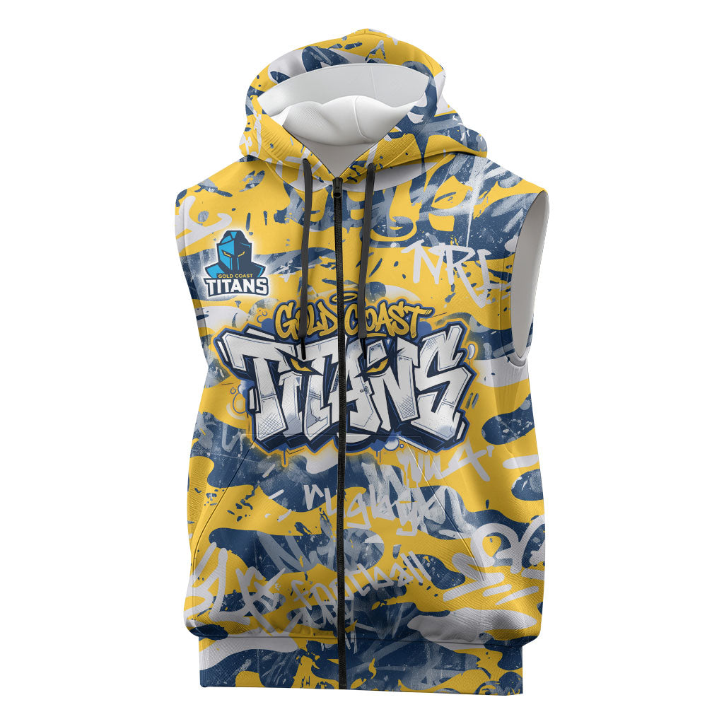 Gold Coast Titans Rugby Sleeveless Zip Hoodie Graffiti Typography Urban Camo Abstract Street Style