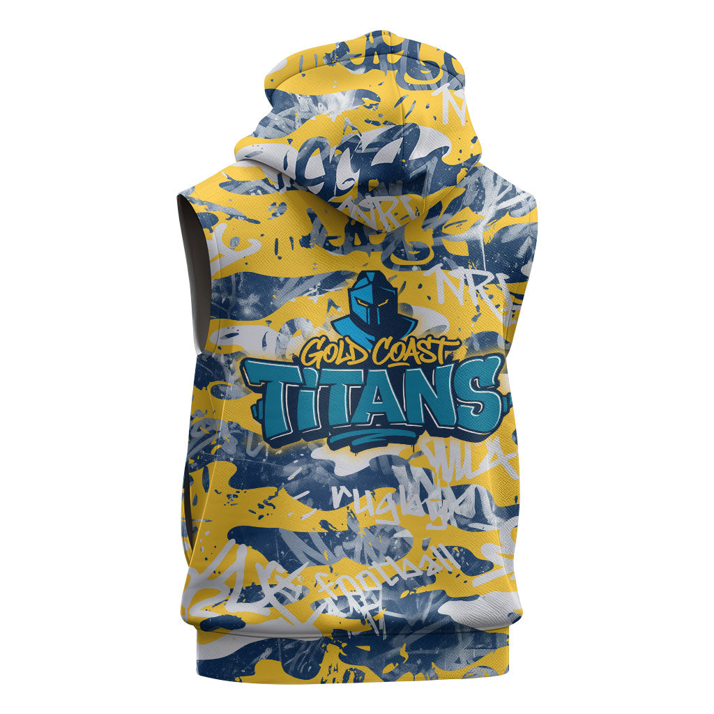 Gold Coast Titans Rugby Sleeveless Zip Hoodie Graffiti Typography Urban Camo Abstract Street Style