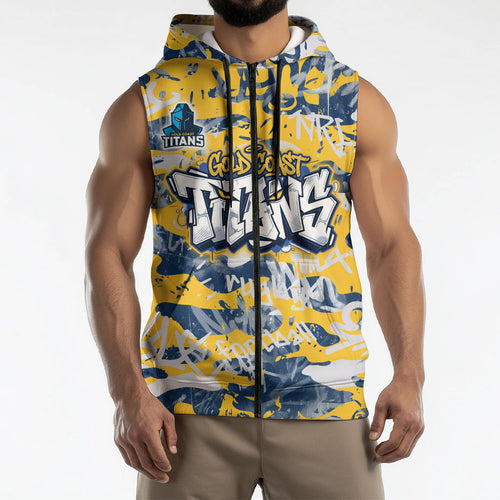 Gold Coast Titans Rugby Sleeveless Zip Hoodie Graffiti Typography Urban Camo Abstract Street Style
