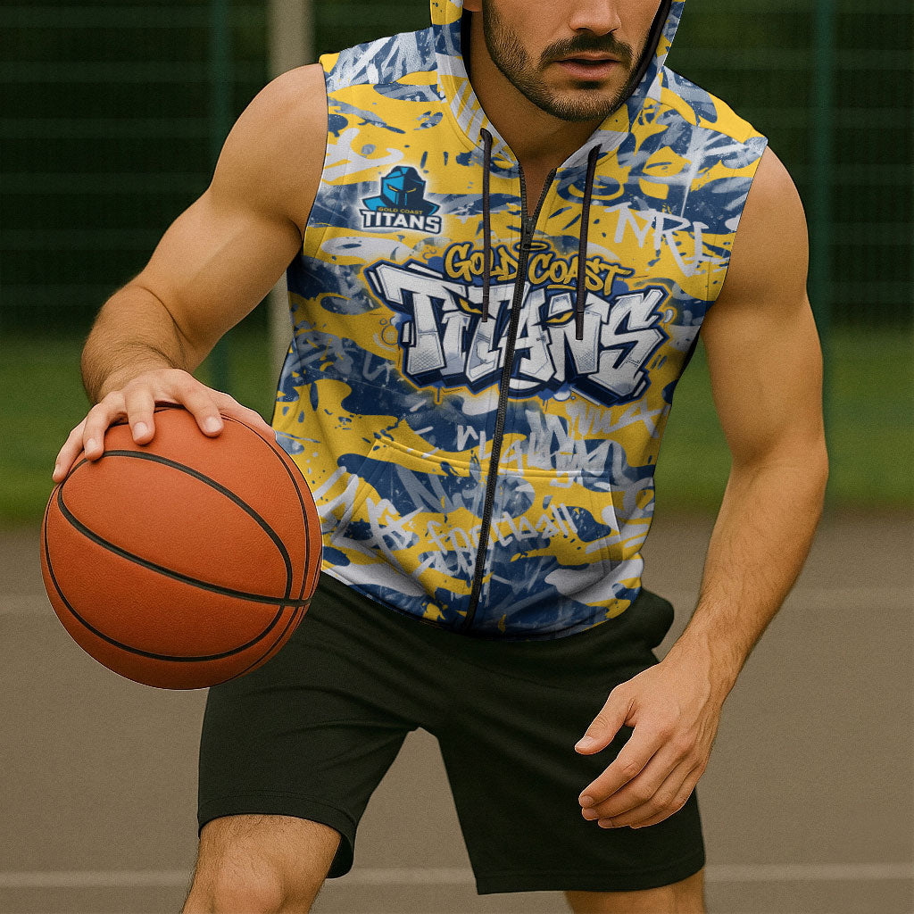 Gold Coast Titans Rugby Sleeveless Zip Hoodie Graffiti Typography Urban Camo Abstract Street Style