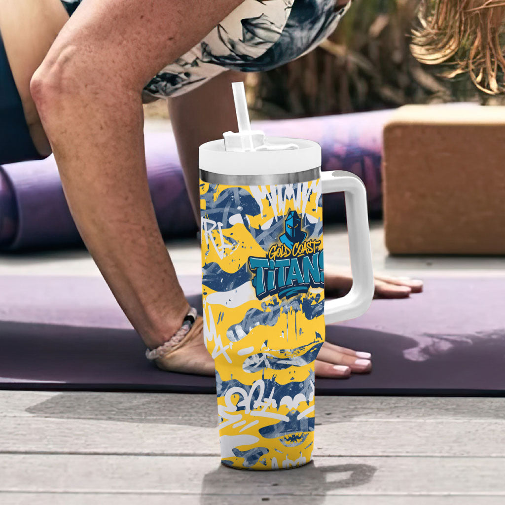 Gold Coast Titans Rugby Tumbler With Handle Graffiti Typography Urban Camo Abstract Street Style